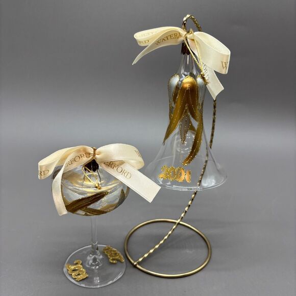 Waterford Holiday Heirlooms Lucerne Bell New Year’s Toast Ornament Set 2001 2002 - Picture 1 of 6